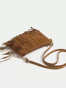 1個實色復古風格休閒小型斜跨包,附有流蘇裝飾,適合14-16歲女孩、學生、校園和日常戶外活動攜帶一些日常必需品 - 棕色 - 查看 6