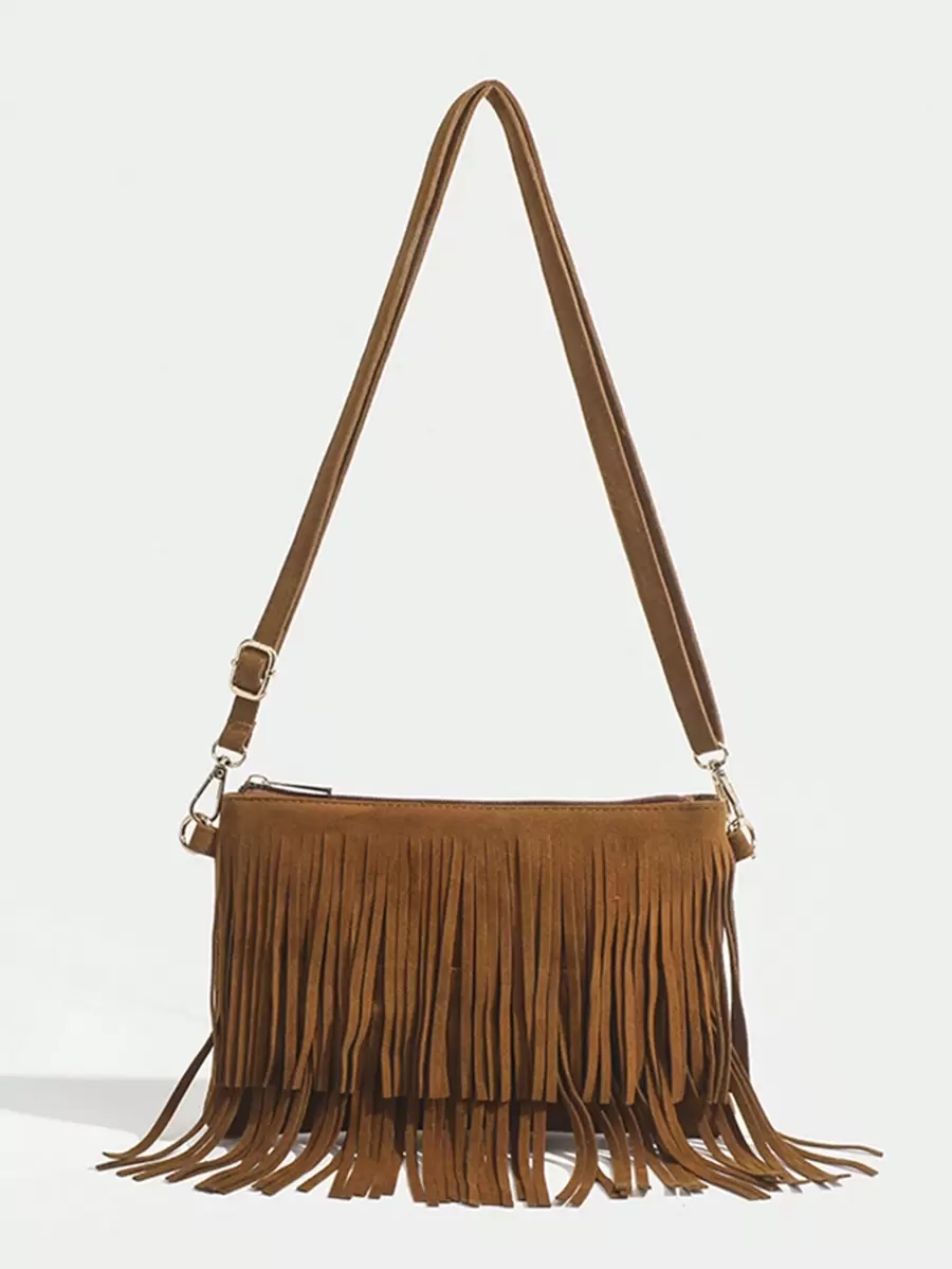 1個實色復古風格休閒小型斜跨包,附有流蘇裝飾,適合14-16歲女孩、學生、校園和日常戶外活動攜帶一些日常必需品 - 棕色 - 查看 1