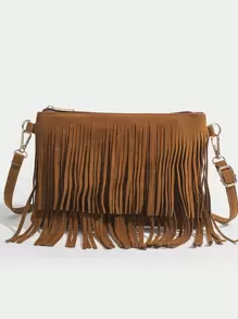 1個實色復古風格休閒小型斜跨包,附有流蘇裝飾,適合14-16歲女孩、學生、校園和日常戶外活動攜帶一些日常必需品 - 棕色 - 查看 2