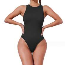 女士性感肋條紋連體襯衫,無袖貼身設計