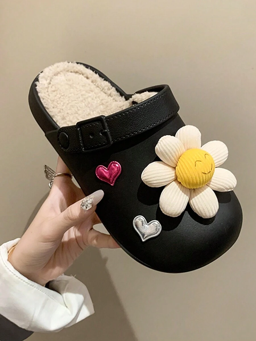 女士黑色pu鞋面菊花裝飾室內平底半拖鞋