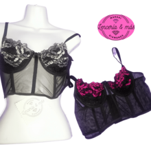 Top Bustier Negro con Varilla y Ajuste Trasero de 6 Broches - Detalles Florales en Rosa y Blanco - Blanco - Ver 6