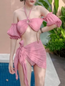 Luxury & Simple Bubble Sleeves Cute Bikini 3pcs Set - Pink - View 2