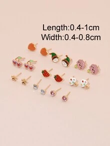 9對/組五彩油滴心形、草莓、櫻桃、冰淇淋造型耳針,適用於女孩