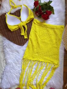 Conjunto Tricot feminina com Bojo e saia - Amarelo - Visão 2