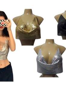 Crop Top Premium Tirante Blusa Brilla Sexy Fiesta Lentejuela Camiseta Cadena - Plateado - Ver 3