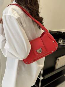 1個紅色金屬裝飾pu磁扣拉鍊簡單時尚多功能女士肩袋,日常通勤,辦公室,學校 - 紅色 - 查看 4