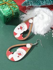 1對時尚創意雙面彩繪聖誕老人木質耳環,女性穿戴節日佳品,作為聖誕禮物完美選擇
