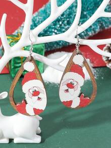 1對時尚創意雙面彩繪聖誕老人木質耳環,女性穿戴節日佳品,作為聖誕禮物完美選擇