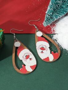 1對時尚創意雙面彩繪聖誕老人木質耳環,女性穿戴節日佳品,作為聖誕禮物完美選擇