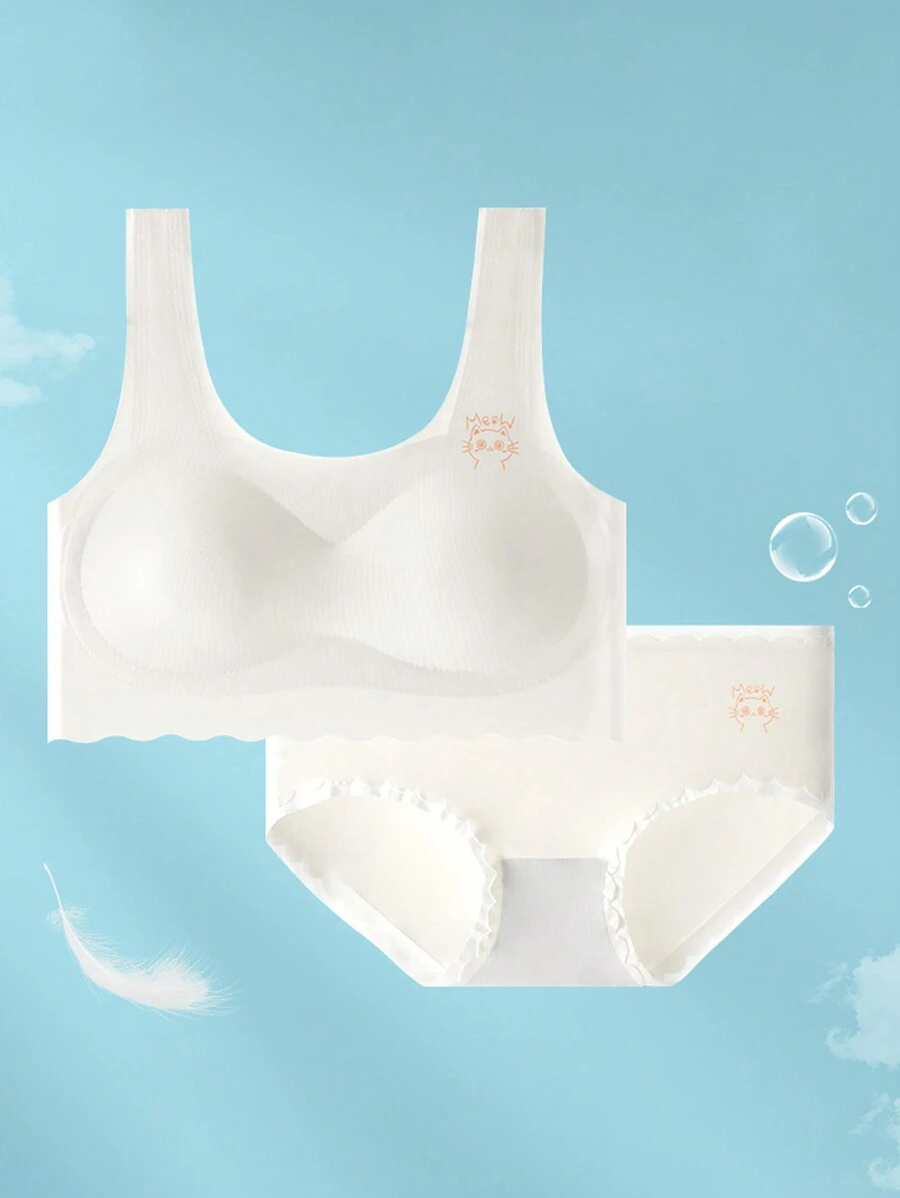 Cute Girl Simple Fresh Style Teen Girls' Bra And Panties Set - White - View 1
