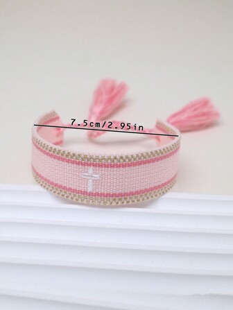 An Embroidered Cross Bohemian Handwoven Web Tassel Bracelet
