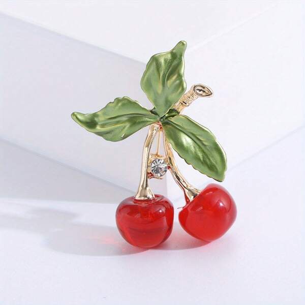 1pc Enamel Alloy Cherry Fruit Crystal Brooch, New Minimalist Fashion Versatile Decorative Pin Accessory