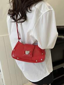 1個紅色金屬裝飾pu磁扣拉鍊簡單時尚多功能女士肩袋,日常通勤,辦公室,學校 - 紅色 - 查看 5