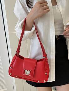 1個紅色金屬裝飾pu磁扣拉鍊簡單時尚多功能女士肩袋,日常通勤,辦公室,學校 - 紅色 - 查看 1