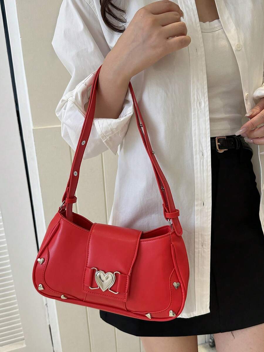 1個紅色金屬裝飾pu磁扣拉鍊簡單時尚多功能女士肩袋,日常通勤,辦公室,學校 - 紅色 - 查看 1