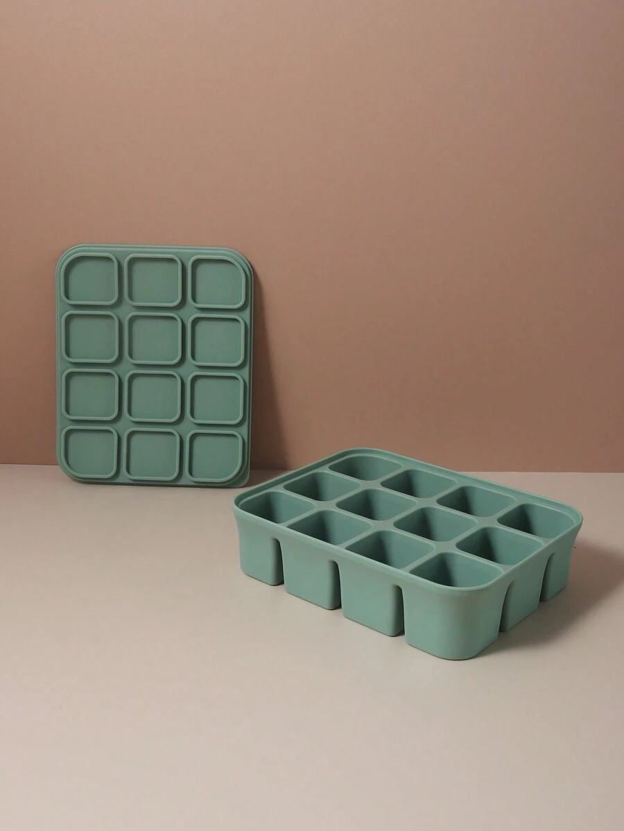 12格婴儿柔软硅胶易取喂食托盘、餐食准备食品储存容器、冷冻和蒸煮器 - 綠色 - 查看 1