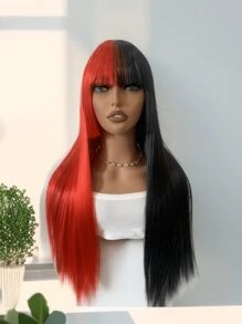 1 件長直女式假髮,半紅半黑和洛麗塔瀏海。非常適合角色扮演、學校、萬聖節、感恩節、聖誕節服裝。高密度合成耐熱纖維,無膠