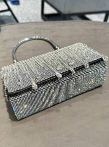 Bling Rhinestone Silver Bag with Tassel Lady Box Shaped Evening Bag Clutch Bags - Black - View 5