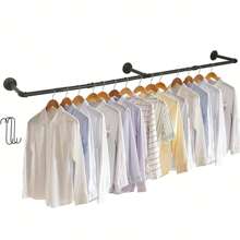 UNHO Industrial Pipe Clothes Rack Wall Mounted, Heavy Duty Iron Garment Rack Bar 180 Cm Long Clothes Hanging Rod Bar Rail Space-Saving Retail Display Clothes Rod For Closet Laundry Room Clothes Store - Black - View 4