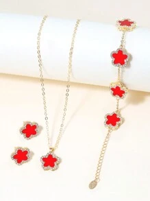 4入組花卉珠寶時尚女士萬用鎖骨鏈耳環手鍊珠寶套裝 - 白色 - 查看 3