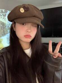 1件女式棕色聚酯纖維材質的新款按鈕設計復古貝雷帽,可增強臉部形狀 - 棕色 - 查看 4