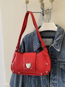 1個紅色金屬裝飾pu磁扣拉鍊簡單時尚多功能女士肩袋,日常通勤,辦公室,學校 - 紅色 - 查看 7