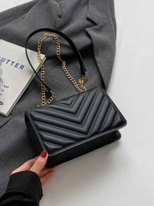 1pc Fashionable Solid Color Elegant Pressed Texture Flap Closure Mini Shoulder Bag With Chain Strap, Suitable For Ladies' Daily Use, Dating And As A Gift - Black - View 7