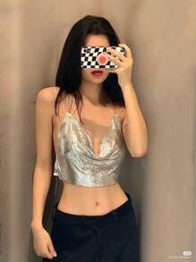 Crop Top Premium Tirante Blusa Brilla Sexy Fiesta Lentejuela Camiseta Cadena - Plateado - Ver 1