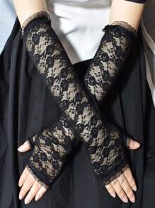 1pc Bridal Lace Rose Fingerless Gloves For Women, Long Arm Cover, Suitable For Driving, Parties And Daily Wear Halloween Autumn Accessories