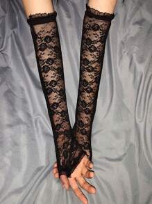 1pc Bridal Lace Rose Fingerless Gloves For Women, Long Arm Cover, Suitable For Driving, Parties And Daily Wear Halloween Autumn Accessories
