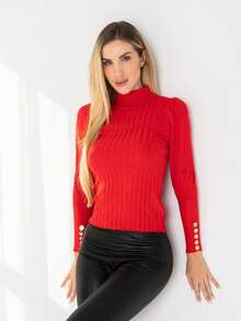 SWETER PARA DAMA, CUELLO LARGO, CON BOTONES EN MANGAS - Rojo - Ver 1