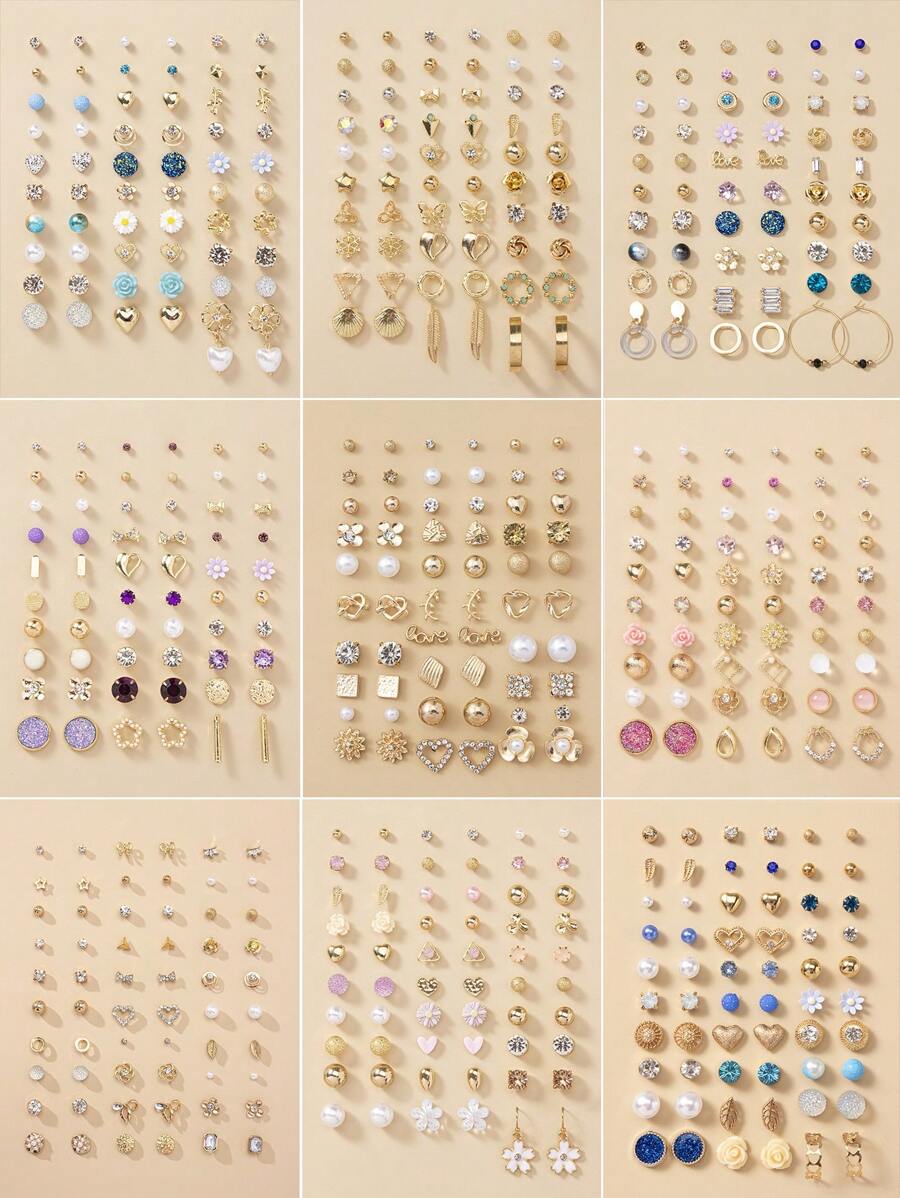 30 cặp/bộ Thời trang Khối Zirconia , Ngọc trai Giả , Hình vẽ trái tâm , Kim loại , Hoa , Thiết kế hình học Bông tai stud Đối với phụ nữ , Mặc hàng ngày Và Quà tặng lễ hội , Phụ kiện trang sức - Vàng - Xem 1