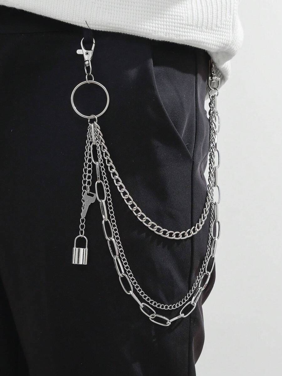 1pc Silver Tri-Layer Metal Chain Key & Lock Pendant For Suit Pants & Trousers Halloween Autumn-Winter Accessories Halloween Costume,Suitable For Teens, Youth,Men,Casual, Outdoor, Athletic, Vacation, Graduation Gifts, Birthday, Daily Wear - Silver - View 1
