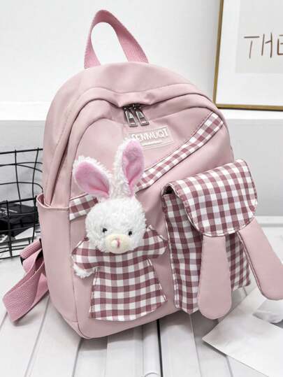 Kawaii Plaid Pattern Backpack, Cute Preppy Style School Bag, Large Capacity Durable Travel Rucksack