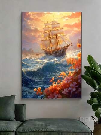 旅行復古帆布壁畫,海上帆船、森林/山脈風景印花、復古鄉村花卉,理想的客廳、走廊、家居牆壁裝飾,無框帆布油畫