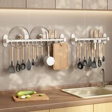 1 件壁掛式廚房用具收納架,附掛鉤,可放置鍋具、平底鍋、刀具、毛巾、鑰匙等。