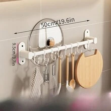 1 件壁掛式廚房用具收納架,附掛鉤,可放置鍋具、平底鍋、刀具、毛巾、鑰匙等。