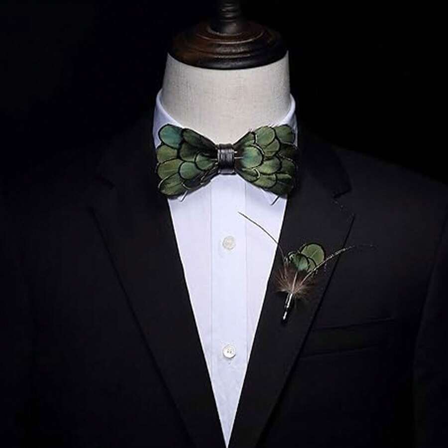 1pc Handmade Feather Bow Tie Brooch Set For Men With Gift Box - Multicolor - View 1