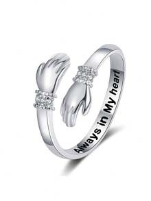 歐美創意擁抱愛雙手水鑽鑲嵌情人戒指帶雕刻可調開口溫馨禮物