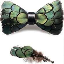 1pc Handmade Feather Bow Tie Brooch Set For Men With Gift Box - Multicolor - View 2