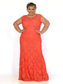 VESTIDO LONGO FESTA DE RENDA FLORAL BORDADA LARANJA, FORRADO PLUS SIZE