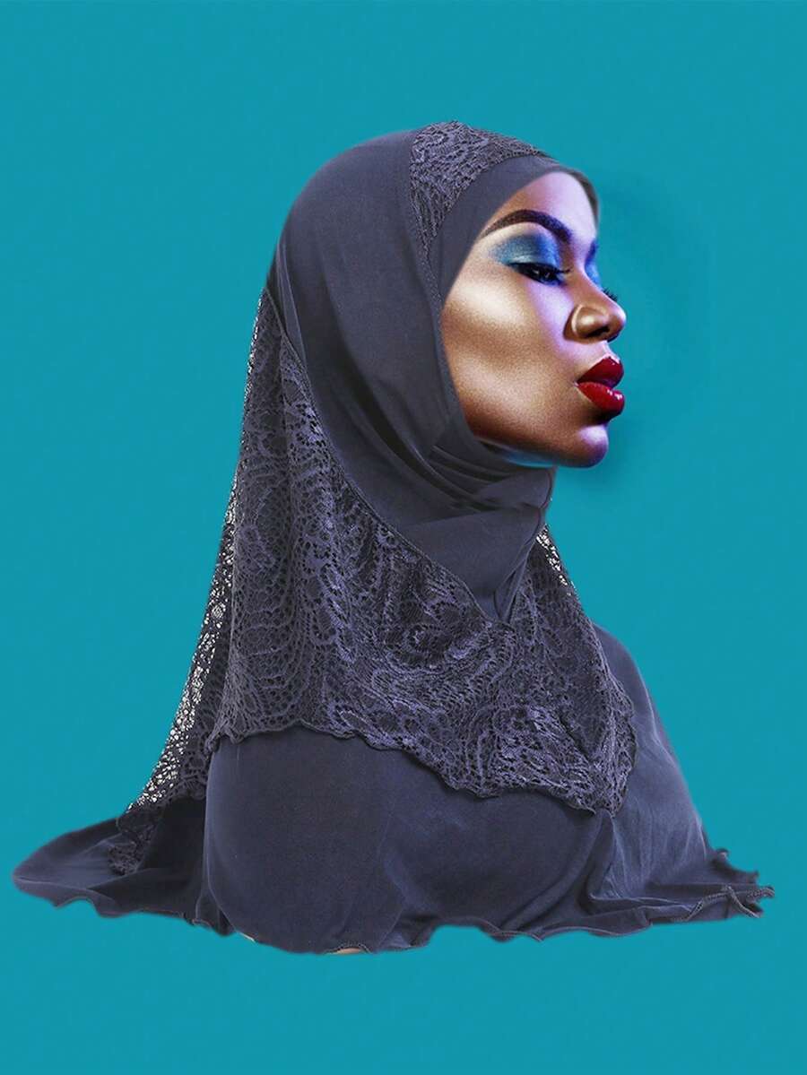 1 件純色水晶亞麻蕾絲拼布馬來西亞女式頭巾,時尚鏤空透氣女孩蓋頭 65x60 厘米