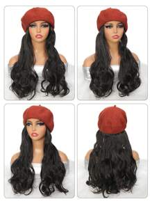 帽型假髮合成長捲黑色髮型女士時尚貝雷帽假髮,秋冬帽子熱阻纖維