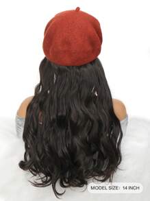 帽型假髮合成長捲黑色髮型女士時尚貝雷帽假髮,秋冬帽子熱阻纖維