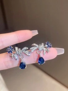 1 對鋅合金時尚優雅歐美風格花朵圖案吊式耳環滿方晶鋯石和流蘇,適合女士日常佩戴 - 彩色 - 查看 3