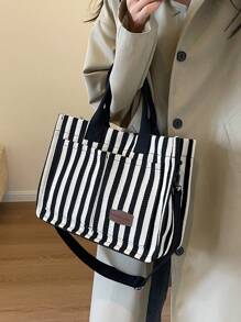 Bolso de hombro informal de rayas verticales versátil para mujer, para cartera y bolsa de mano, bolso grande para diario de lienzo con múltiples bolsillos y gran capacidad. Ligero bolso mensajero casual y de hombro, minimalista, para computadora portátil y deporte con múltiples compartimentos y bolsillos para estudiantes universitarias y adolescentes. Perfecto para la oficina, la universidad, la escuela secundaria, el trabajo, los negocios y el traslado.