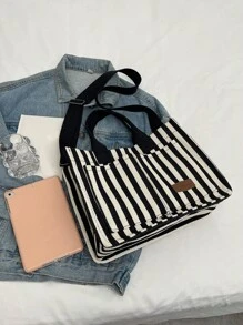 Bolso de hombro informal de rayas verticales versátil para mujer, para cartera y bolsa de mano, bolso grande para diario de lienzo con múltiples bolsillos y gran capacidad. Ligero bolso mensajero casual y de hombro, minimalista, para computadora portátil y deporte con múltiples compartimentos y bolsillos para estudiantes universitarias y adolescentes. Perfecto para la oficina, la universidad, la escuela secundaria, el trabajo, los negocios y el traslado.