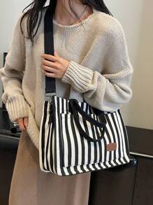 Bolso de hombro informal de rayas verticales versátil para mujer, para cartera y bolsa de mano, bolso grande para diario de lienzo con múltiples bolsillos y gran capacidad. Ligero bolso mensajero casual y de hombro, minimalista, para computadora portátil y deporte con múltiples compartimentos y bolsillos para estudiantes universitarias y adolescentes. Perfecto para la oficina, la universidad, la escuela secundaria, el trabajo, los negocios y el traslado.