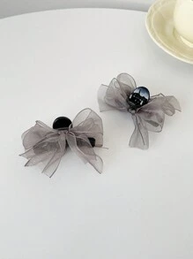 2个新款网状蝴蝶结刘海夹，约6厘米长，爪夹式，冬季发饰，优雅发夹 - 深灰色 - 查看 3